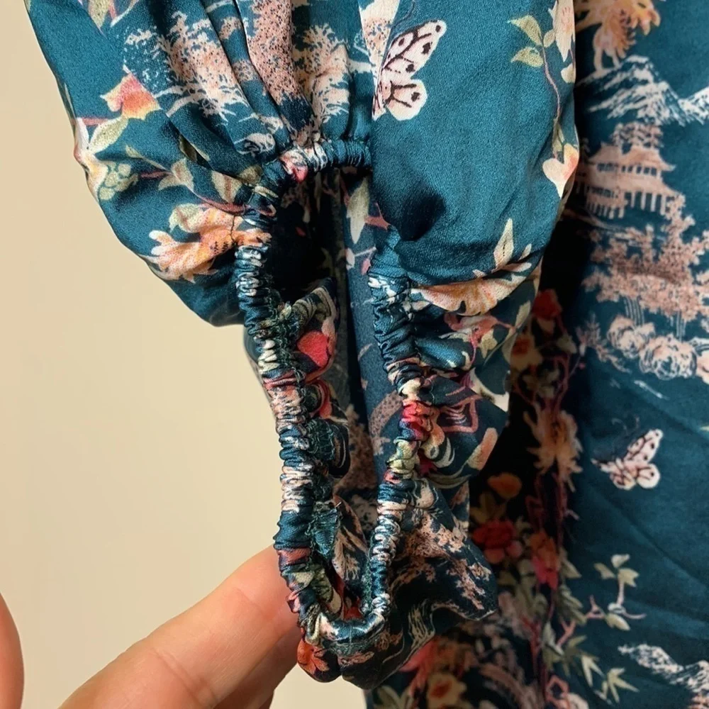Jaase | Boho Weekend Beach Balloon Sleeve Asian Print V-Neck Tunic Dress NWT S